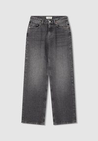 Jeans neri a vita alta e gamba larga, caratterizzati da un lavaggio sbiadito, cinque tasche e minuteria in metallo. Il tessuto ha una texture liscia e resistente.