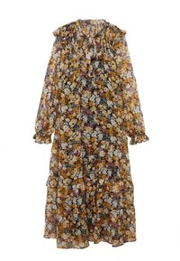 Pitkähihainen, röyhelöillä varustettu midi-mekko, jossa on keltainen, valkoinen ja tummanpunainen kukkakuosi läpinäkyvällä mustalla kankaalla ja nyöritysmanchetit.