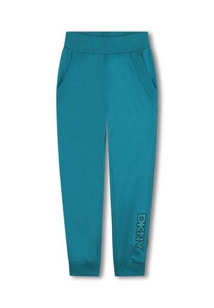 Teal joggings met een geribbelde tailleband, zijzakken en een zwart "DKNY" logo op het onderbeen. Zacht, rekbaar materiaal.