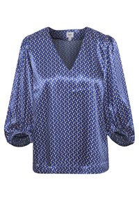 Blusa blu in satin con scollo a V e maniche a sbuffo, caratterizzata da un motivo geometrico in crema e bianco.