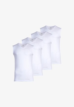 Quatre débardeurs blancs sans manches à col en V, dotés d'une texture en coton lisse et de coutures régulières, disposés côte à côte.
