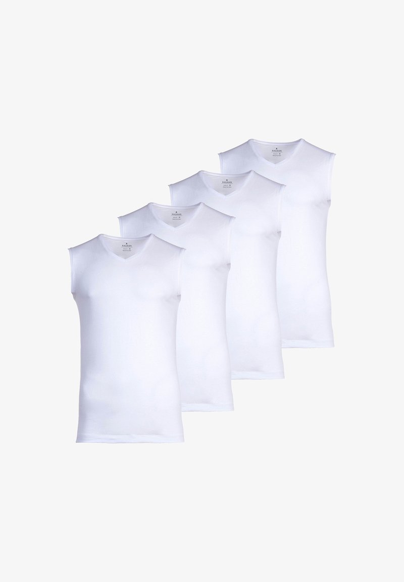 Four white, sleeveless v-neck undershirts, featuring a smooth cotton texture and even stitching, arranged side by side.