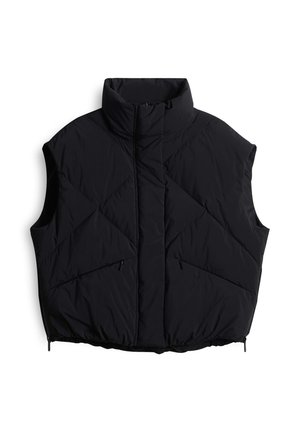 Schwarze Steppweste mit hohem Kragen, ärmellosem Design, rautenförmiger Steppmuster und zwei Reißverschluss-Taschen auf der Vorderseite.