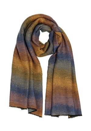 Gewebter Schal mit strukturiertem Finish in Farbverläufen von Orange, Braun und Blau, mit fransigen Kanten und einem weichen, warmen Erscheinungsbild.