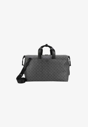 Šedá vzorovaná cestovní taška s černými koženými akcenty, dvojice horních uch a odnímatelný ramenní popruh. Zapínání na zip nahoře.