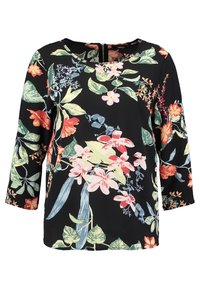 Blusa nera caratterizzata da un motivo floreale in diverse tonalità. Ha un collo rotondo, maniche 3/4 e una chiusura con zip sul retro.
