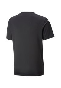 Camiseta negra de manga corta hecha de una tela suave. Presenta un escote redondo y detalles de costura sutiles. Sin gráficos ni patrones.