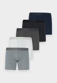 Fünf Paare Herren-Boxershorts in verschiedenen Farben: grau, dunkelgrau, weiß, marineblau und schwarz. Weicher Stoff mit einem HOLLISTER-Logo am Bund.