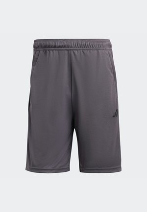 Gray athletic shorts with an elastic waistband, two side pockets, and a small black logo on the lower right leg. Lightweight fabric.