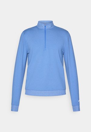 Błękitny pulower wykonany z miękkiego, teksturowanego materiału. Posiada kołnierz z ćwierć zamkiem oraz długie rękawy z dopasowanymi mankietami. Logo Nike na rękawie.