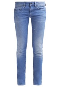 Slim-fit blå denimjeans med en urtvättad finish, lätt slitningar, femficksdesign och dragkedja med knappstängning.