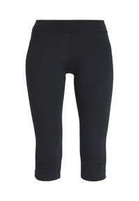 Zwarte capri leggings van rekbaar materiaal. Kenmerken een hoge tailleband en gladde naden voor comfort. Geen zichtbare patronen of accenten.