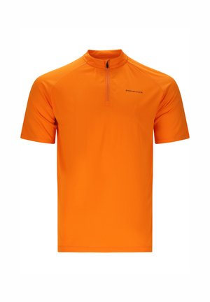 Leuchtend orangefarbenes Sportshirt mit kurzen Ärmeln, Viertel-Reißverschluss am Kragen und kleinem "Endurance"-Logo auf der oberen linken Brust.