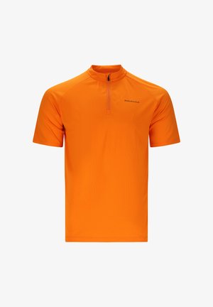 Leuchtend orangefarbenes Sportshirt mit kurzen Ärmeln, Viertel-Reißverschluss am Kragen und kleinem "Endurance"-Logo auf der oberen linken Brust.