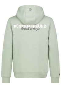 Lichtgroene hoodie met een kangoeroezak, ribgebreide manchetten en achterop de tekst "KÜSTENFREUND Nordlicht im Herzen" in twee lettertypen.