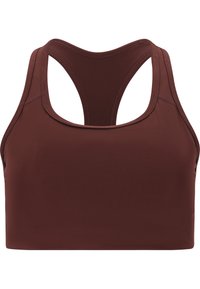 Brun sport-bh med racerback-design, tillverkad av slät, elastisk tyg. Har platta sömmar och en kortad längd utan knäppningar.