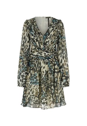 Luchtige jurk met bloemenpatroon in tinten groen, blauw en beige. Lange mouwen, V-hals en een taille die is aangesloten met een uitlopende rok.