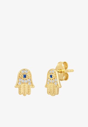 Orecchini a forma di mano in oro con dettagli in blu e pietre trasparenti al centro e nel palmo. Dettagli texture sulle dita.