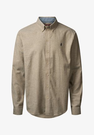 Beige skjorte med lange ærmer, knapper foran og nedbrettet krage, samt en liten brodert logo på venstre bryst.