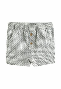 Kurze Hosen aus leichtem Stoff mit einem gewebten Karomuster in Weiß und Marineblau. Verfügt über einen elastischen Bund, zwei Seitentaschen und Holzknöpfe.