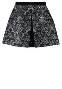 Jupe longueur genou en brocart noir et argent avec pli avant et ceinture noire.