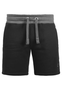 Pantalones cortos de sudor negro con una cinturilla de cordón gris, que cuentan con dos bolsillos laterales y un pequeño logotipo en la parte inferior de la pierna derecha.