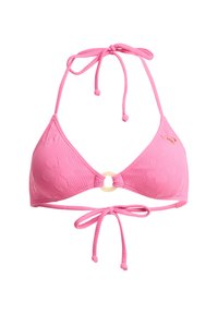 Ροζ μπικίνι τοπ με υφή λουλουδένιου σχεδίου, ρυθμιζόμενα κορδόνια και κυκλικό διακοσμητικό στο κέντρο μπροστά. Το υλικό πιθανόν να είναι συνθετικό.