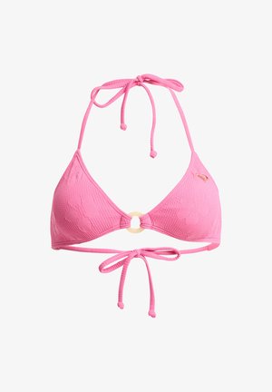 Haut de bikini rose avec un motif floral texturé, des liens ajustables et un accent circulaire au centre devant. Le matériau est probablement synthétique.