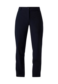 Pantalon noir à jambes droites avec fermeture à bouton et zip, poches latérales et passants pour ceinture, présenté sur un fond blanc.