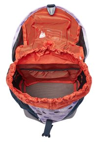Purple and navy backpack with a textured exterior, featuring a round pattern. The interior is orange with a drawstring closure and organizational pockets.
