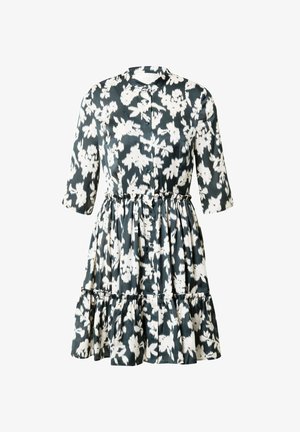 Zwart-witte jurk met bloemenpatroon, lange mouwen, een lijfje met knopen, getailleerde taille en een gelaagde, knielange rok.
