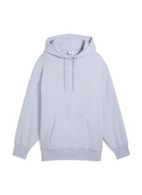 Sweatshirt à capuche violet clair, fabriqué en tissu doux, avec une poche kangourou, des poignets côtelés et un petit logo sur la poitrine.