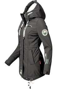 Parka imperméable noire pour femme avec capuche, cordons blancs, poches latérales et écussons logo. Tissu lisse, coupe ajustée et détails zippés.