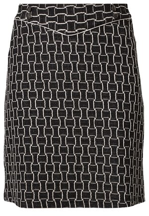 Sort-hvid knælang nederdel med et geometrisk vævet mønster og en V-formet detalje ved taljen.