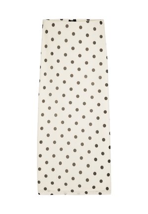 Kremowy prostokątny szalik z równomiernie rozmieszczonymi czarnymi groszkami na jednolitym białym tle.