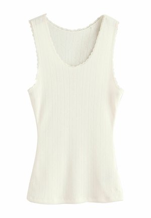 Weißes ärmelloses Tanktop mit geripptem Textur, gewellten Kanten und einem V-Ausschnitt-Design. Glatter Stoff mit dezenten Musterdetails.