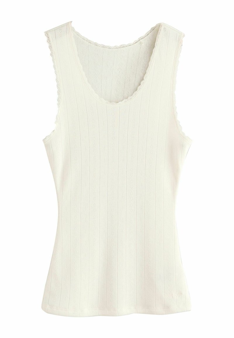 White sleeveless tank top with a ribbed texture, scalloped edges, and a V-neck design. Smooth fabric with subtle pattern detailing.