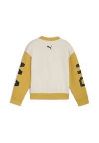 Gul og creme sweatshirt med lange ærmer og sort tekst, ribbet krave og et lille logo bagpå. Glat tekstur.