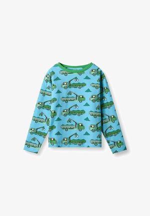 Maglietta a maniche lunghe in cotone azzurro chiaro, con stampa ripetuta di camion verdi con gru e dettaglio del collo verde.