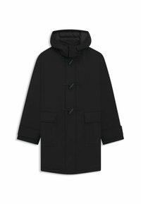 Cappotto nero con cappuccio, chiusura a toggles, due tasche anteriori a pattina e maniche lunghe, esposto su uno sfondo bianco.