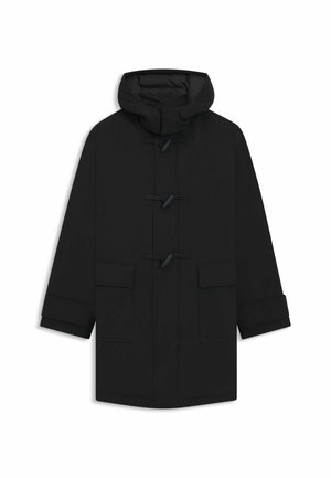 Cappotto nero con cappuccio, chiusura a toggles, due tasche anteriori a pattina e maniche lunghe, esposto su uno sfondo bianco.