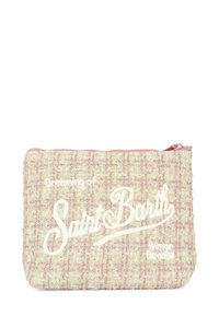 Pocchetto tessuto in rosa e pastello con chiusura a zip. Presenta il testo stampato in bianco: "Sognando Saint Barth" e "Paradiso delle Donne."