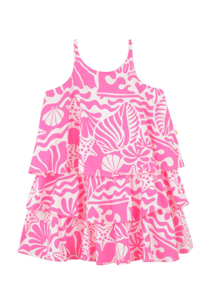 Robe sans manches rose avec des volants, présentant un motif de coquillage et de vagues, fabriquée en tissu léger. Agrémentée d'un design vibrant.
