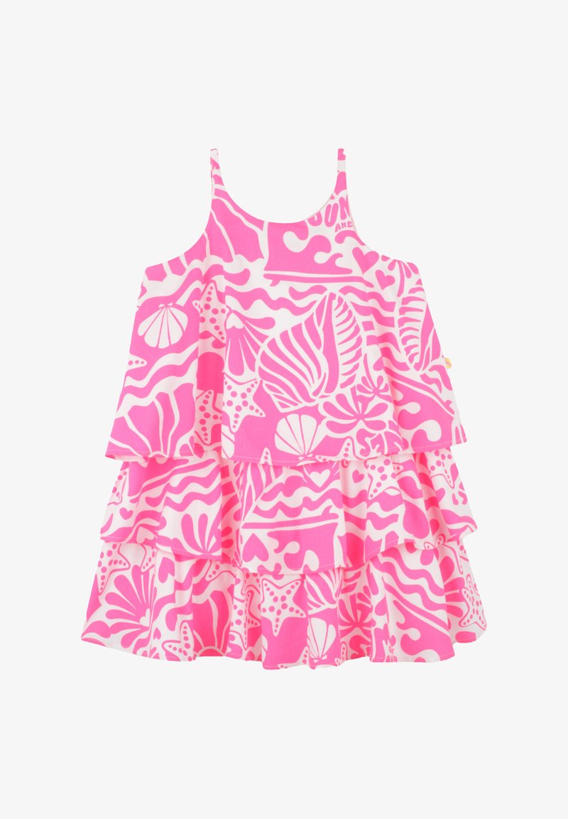 Robe sans manches rose avec des volants, présentant un motif de coquillage et de vagues, fabriquée en tissu léger. Agrémentée d'un design vibrant.