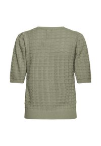 Pulover tricotat verde deschis cu mâneci scurte bufante și un model texturat unduit pe toată suprafața, tiv și margini ale mânecilor cu nervuri.