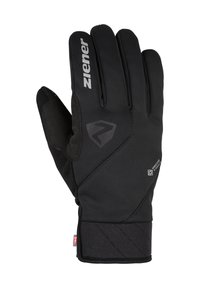 Black winter glove made of softshell material, featuring a textured palm, stitched accents, and the brand logo printed on the back.