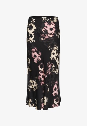 Mustritud lilladega seelik mustas toonis, millel on suured roosa ja kreemika värvi lilled, valmistatud kerge kangaga, flokeeruva äärega ja elastse vöökohaga.
