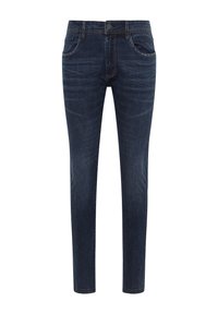 Tummat farkut skinny-mallissa, joissa on klassinen viisi taskua -design, hienovaraiset kulutukset ja kontrastiväriset ompeleet. Varustettu napilla ja vetoketjulla.