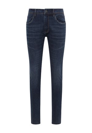 Tummat farkut skinny-mallissa, joissa on klassinen viisi taskua -design, hienovaraiset kulutukset ja kontrastiväriset ompeleet. Varustettu napilla ja vetoketjulla.