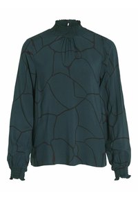 Blusa verde scuro con un alto collo arricciato, maniche lunghe con polsini arricciati e un motivo geometrico nero su tutta la superficie.